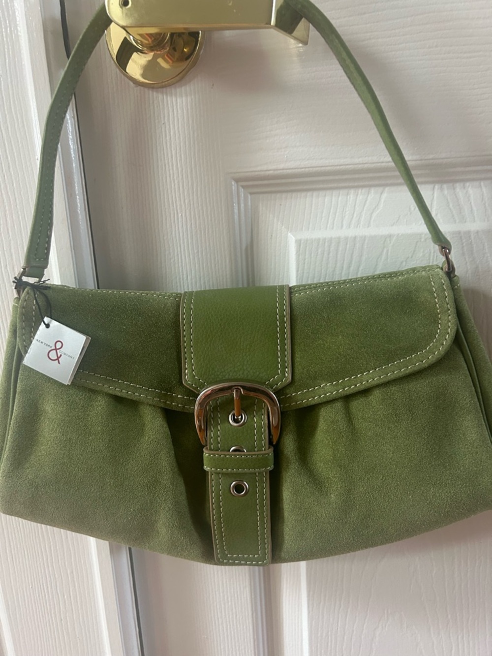 New York & Company Olive Green Suede Shoulder Bag with Gold Buckle